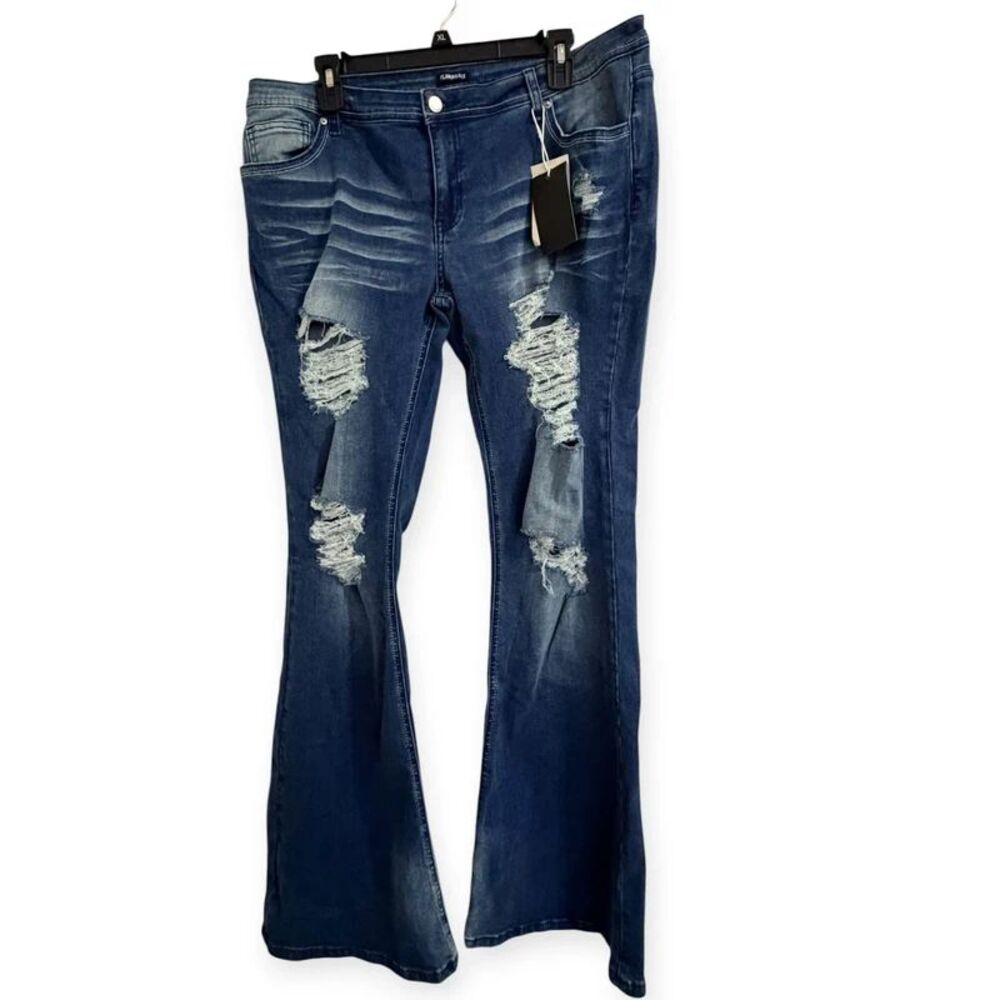 Flamingals Womens 3XL Distressed Flare Bell Bottom Jeans NWT Medium Wash Stretch